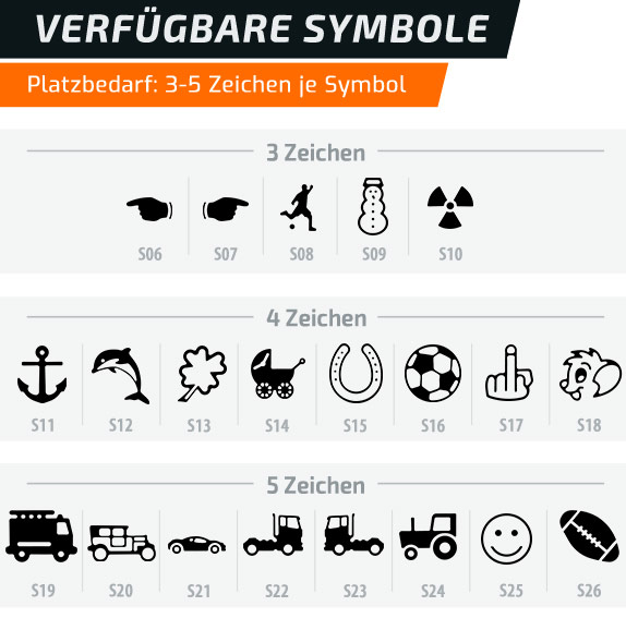 Verfügbare Symbole Autokennzeichen